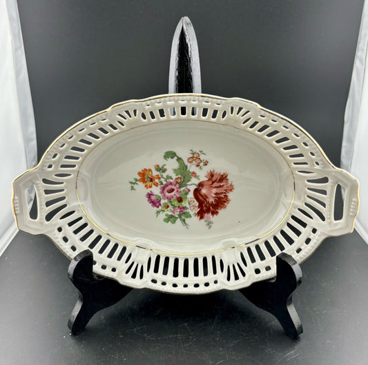 Lion Mark US Zone 8 Reticulated German Porcelain  Oval Basket Bowl
