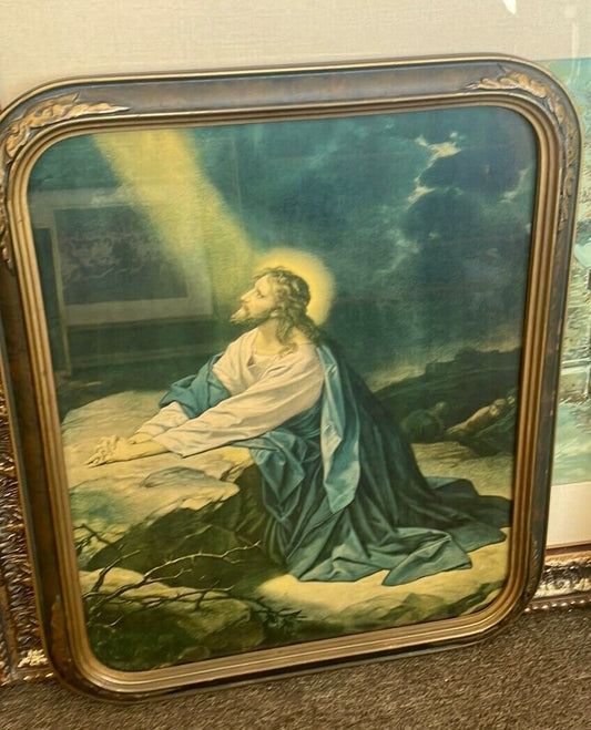 Vintage Jesus Praying in the Garden Of Gethsemane Antique Ornate Framed Print Lg