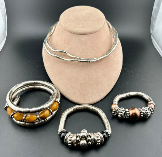 Four Metal Beaded Coil Bracelets/Necklaces