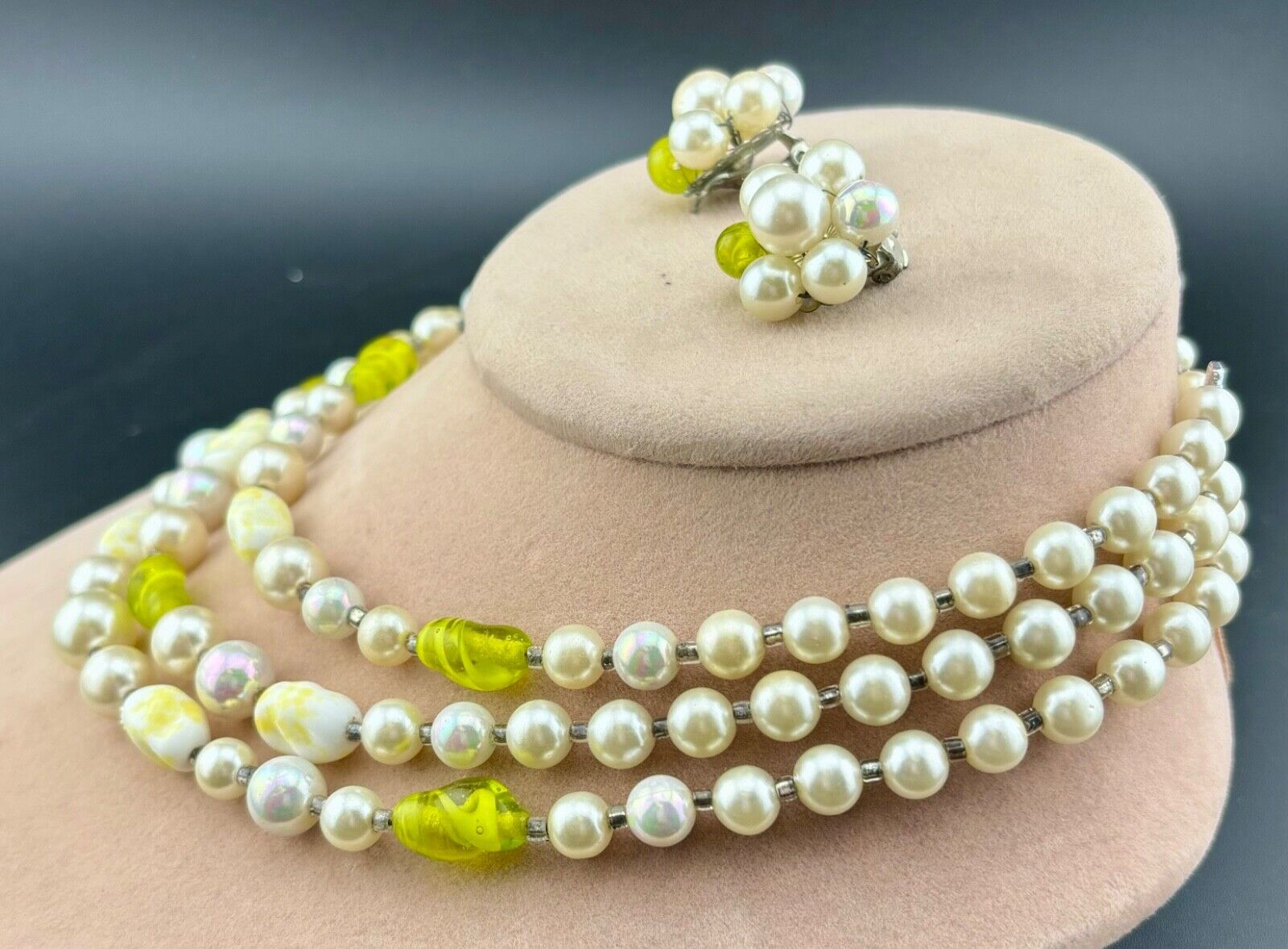 Vintage Faux Pearl and Neon Yellow Glass Necklace/Earring Set Japan NK