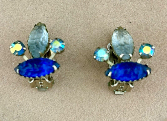 Vintage Fruit Salad Blue Tone Rhinestone Clip-On Earrings NK