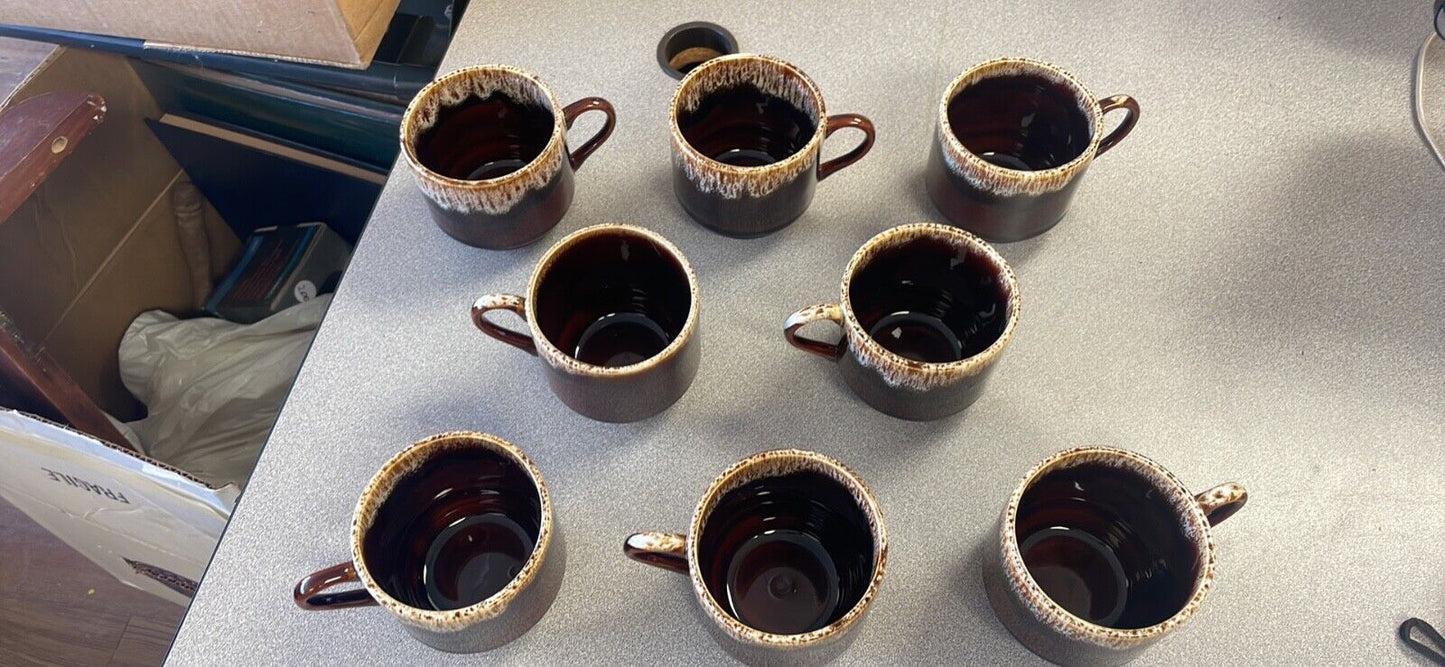 Vintage Pottery Brown Drip Glaze Coffee Mugs Cups ~ Set of 8 ~