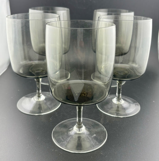 Mid-Century West German Smokey Crystal Wine/Water Glasses Set of 5