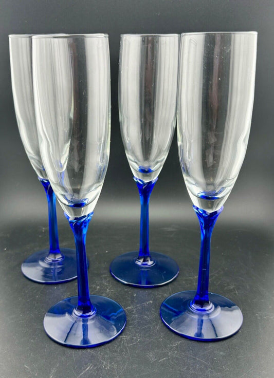 Vintage Set Of 4 Libbey Domaine Cobalt Blue Petal Stem Champagne Flutes 10"