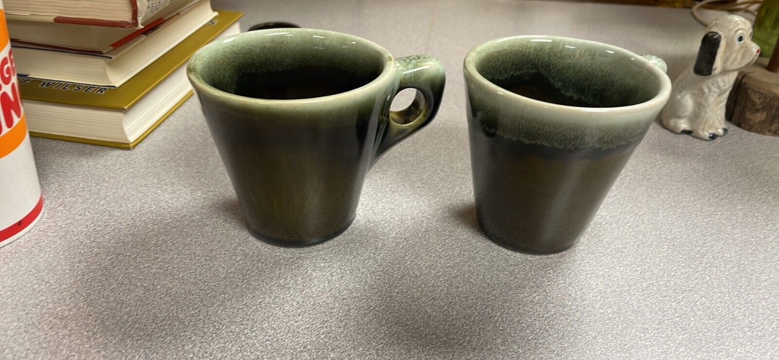 Mid-Century Mugs Pair Green Drip Glaze