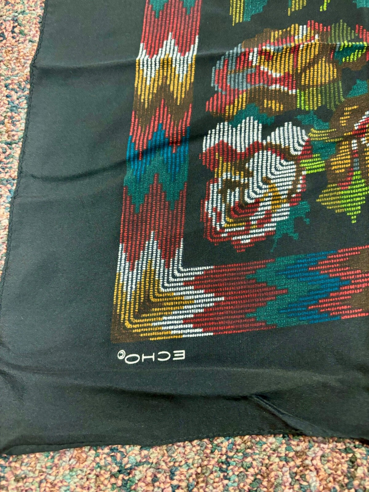 echo silk scarf black with flowers 34" square