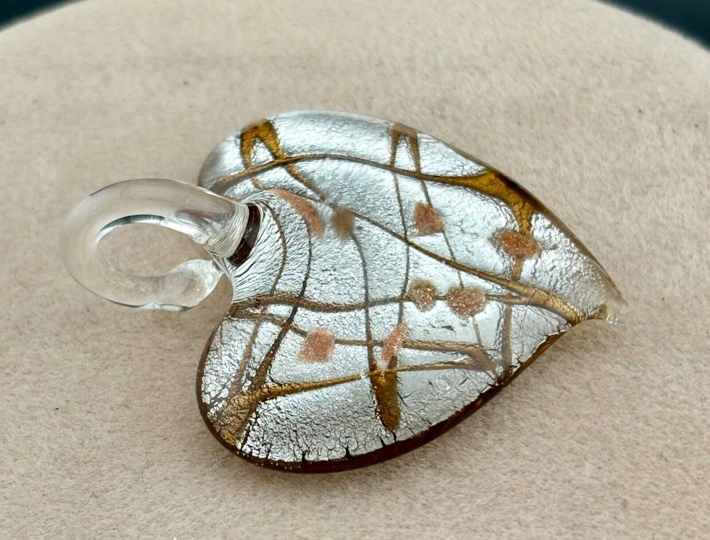 Silver Copper Dichroic Art Glass Heart Pendant 1 1/2 x 1 3/4"