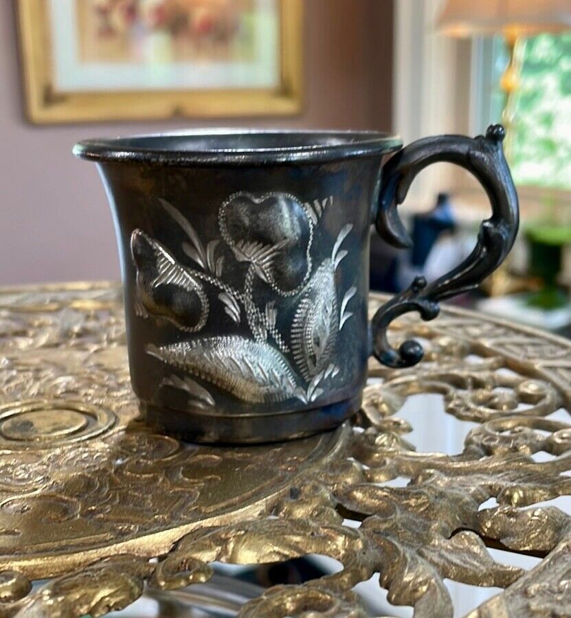 Antique Silver Plated Child's Cup Etched Flowers