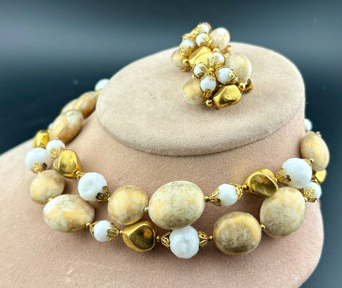 Vintage Gold and White Necklace/Earrings NK