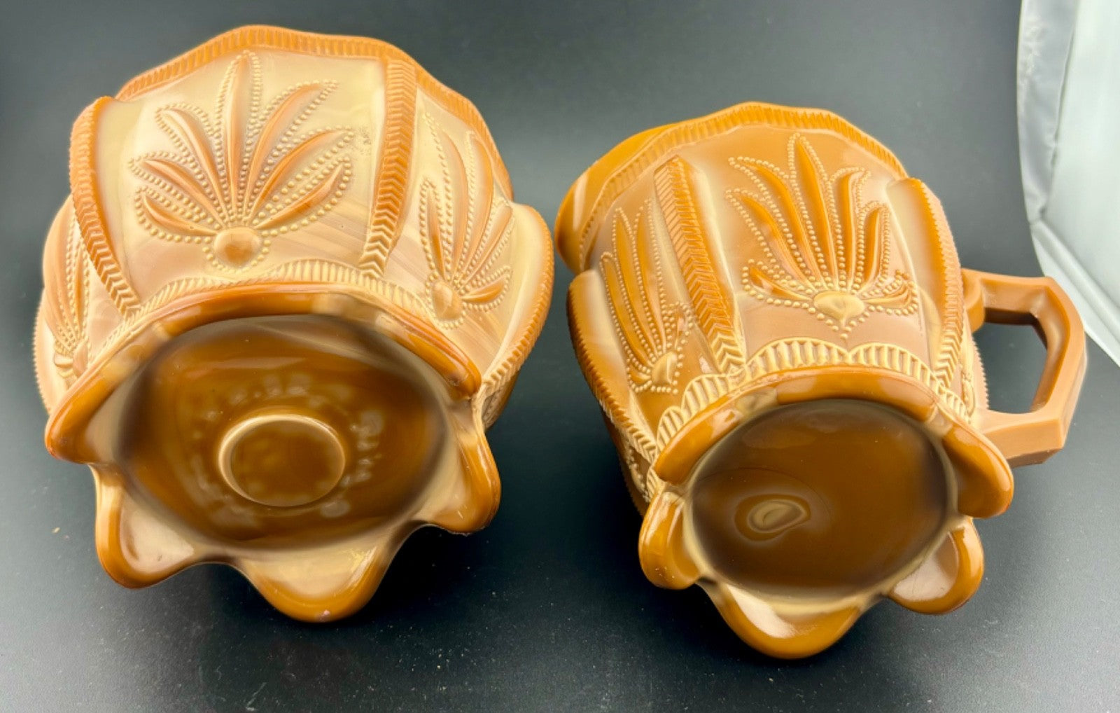 Greentown Chocolate Slag Glass Cactus Open Sugar and Creamer