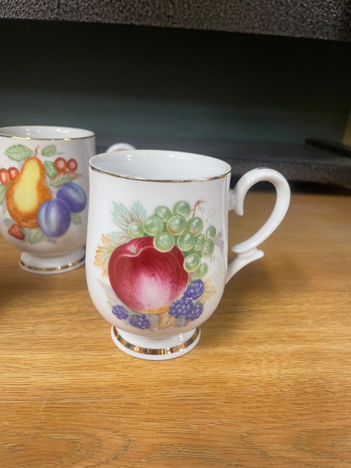 Vintage Porcelain Mugs Royalton China Co. Fruit with Gold Rims Set of Four