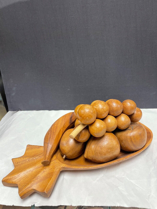 Vintage Pineapple Monkey Pod Bowl with Carved Fruit