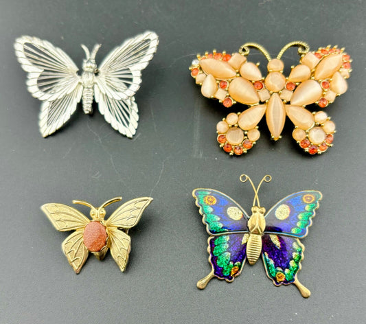 Four Vintage Rhinestone/Enamel Butterfly Brooches Monet and Unmarked NK