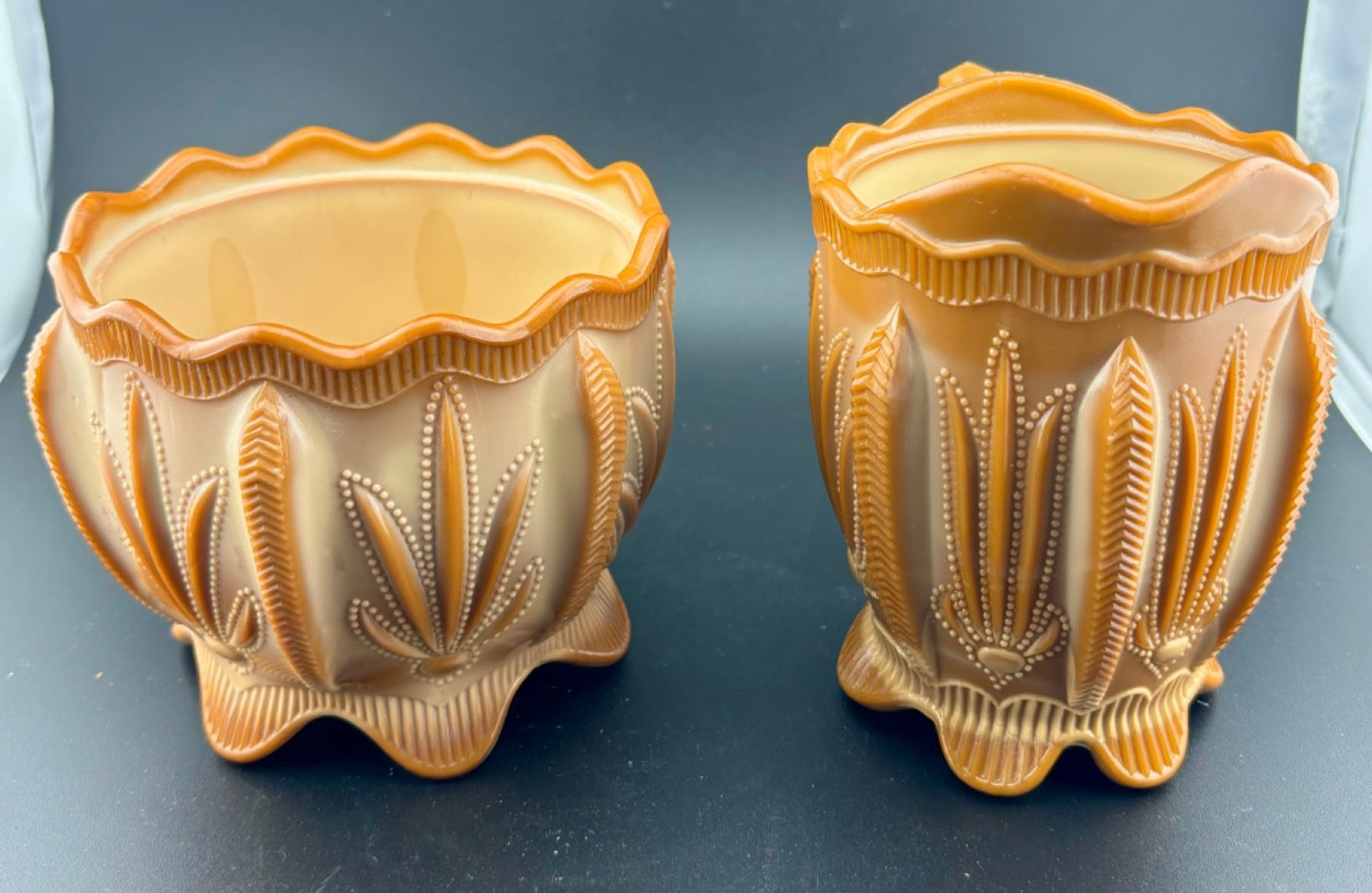 Greentown Chocolate Slag Glass Cactus Open Sugar and Creamer