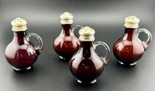 FÄRBER BROS AMETHYST GLASS W/STERLING SILVER LIDS SALT PEPPER SHAKERS