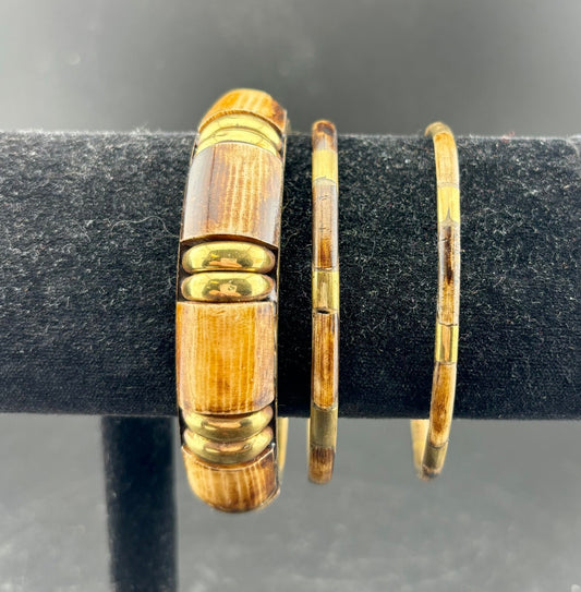 Set of 3 Stone Inlaid Brass Bangle Bracelets