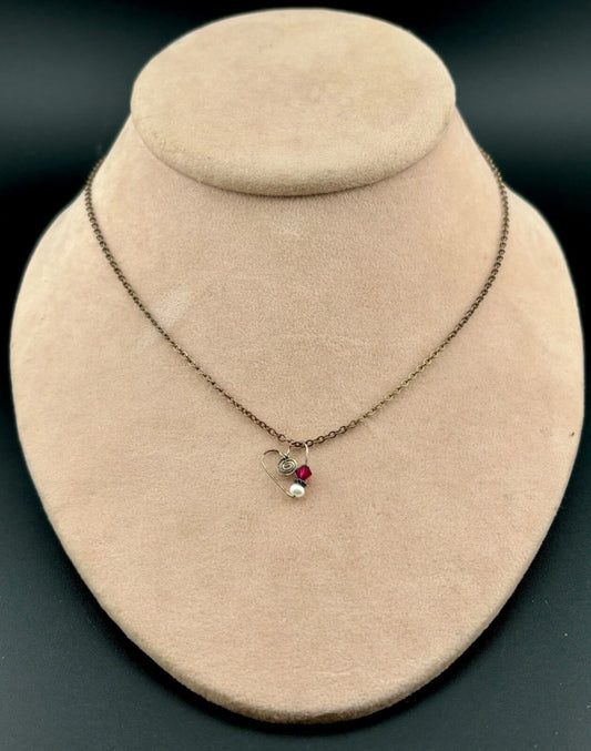 Dainty Sterling Silver/ Freshwater Pearl and Crystal Heart Necklace