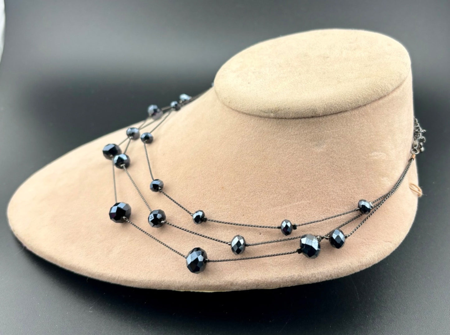 Vintage Black Rhinestone Triple Strand Necklace