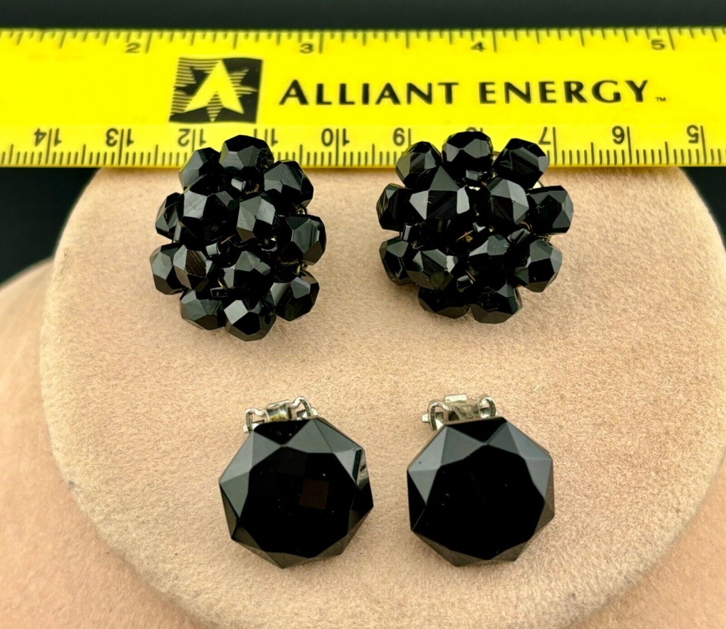 Two Pair Vintage Black Glass Clip-On Earrings NK