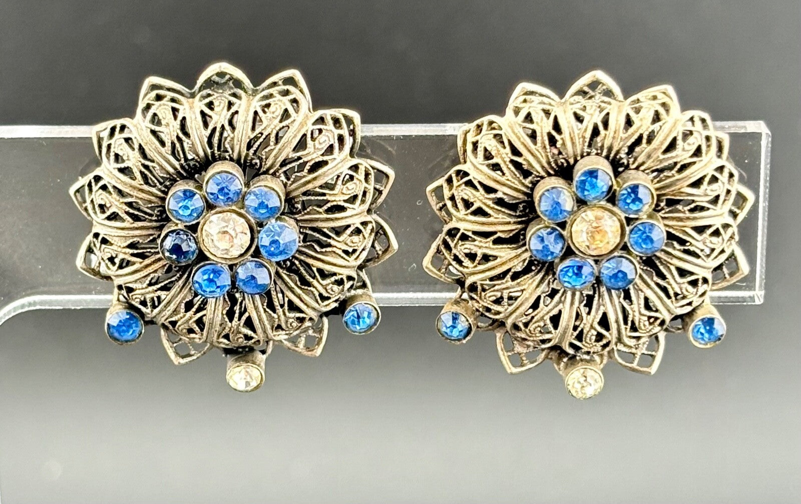 Vintage Silver-Tone and Blue/Clear Rhinestone Cilp-On Earrings