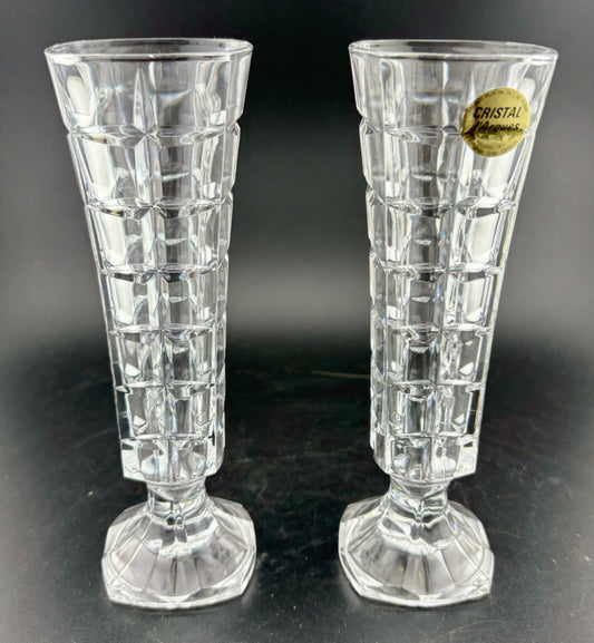 Cristal d'Arques, 24% Lead Crystal Bud Vases(2) Block Pattern France 6.75"