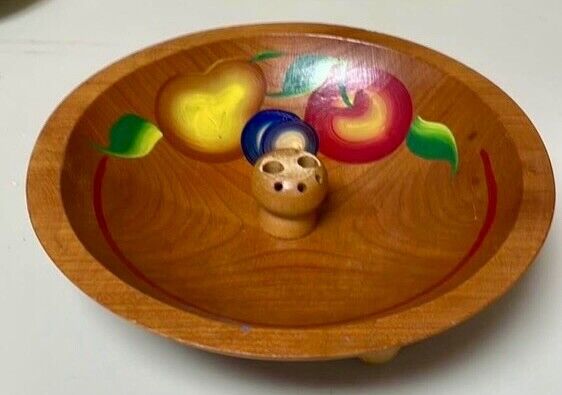 Vintage / Antique Painted Wooden Nut Bowl 3 Ball Legs Fruit Design