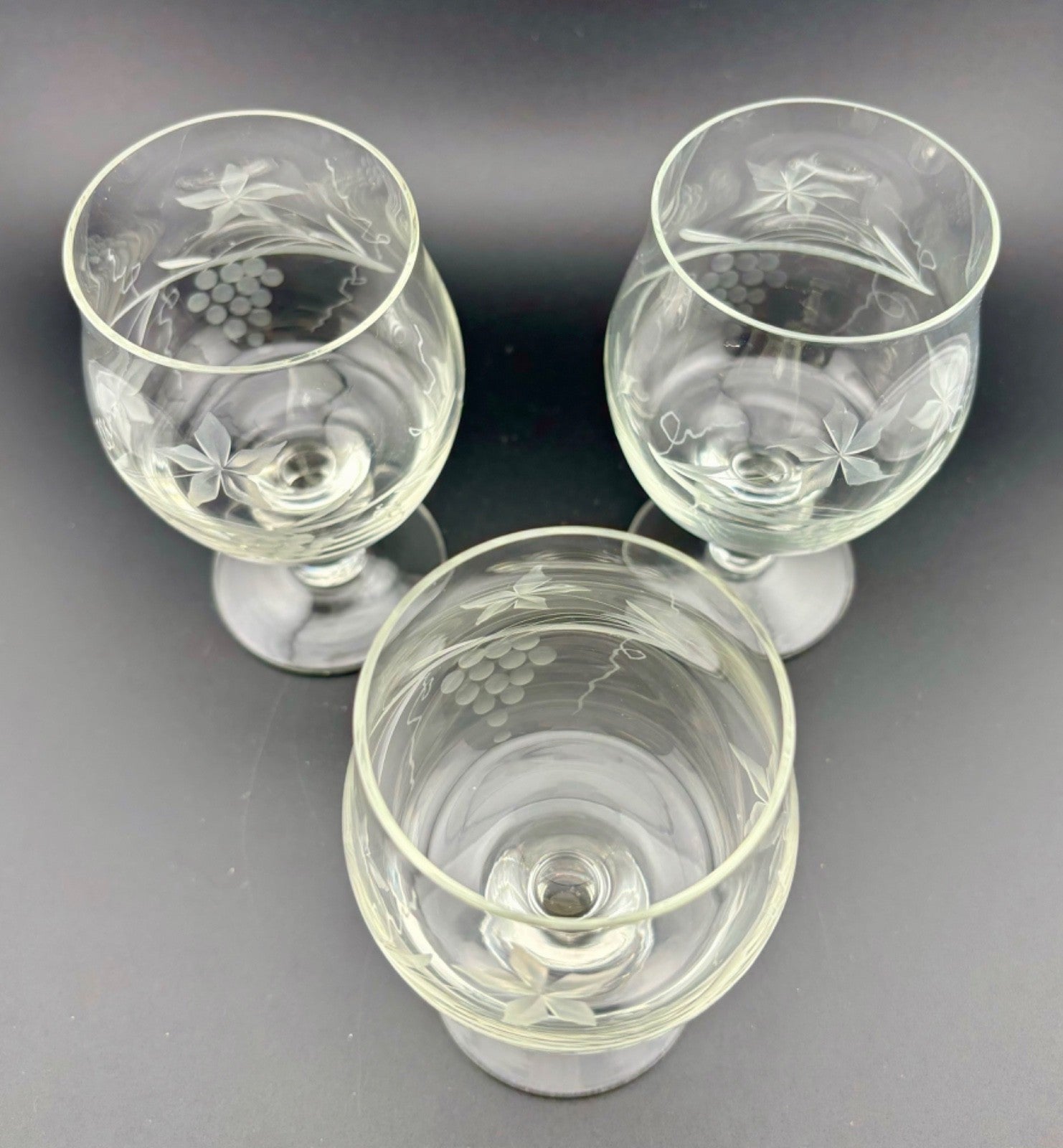 (3) VTG Crystal Brandy Cognac Snifter Glasses ~ Etched Grapes Vine. Stunning.