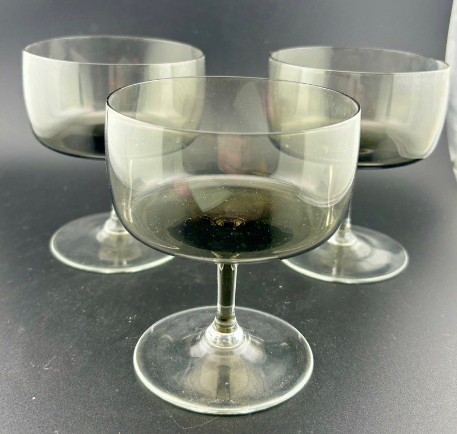 Mid-Century West German Smokey Crystal Champagne Coupe Glasses Set of 3