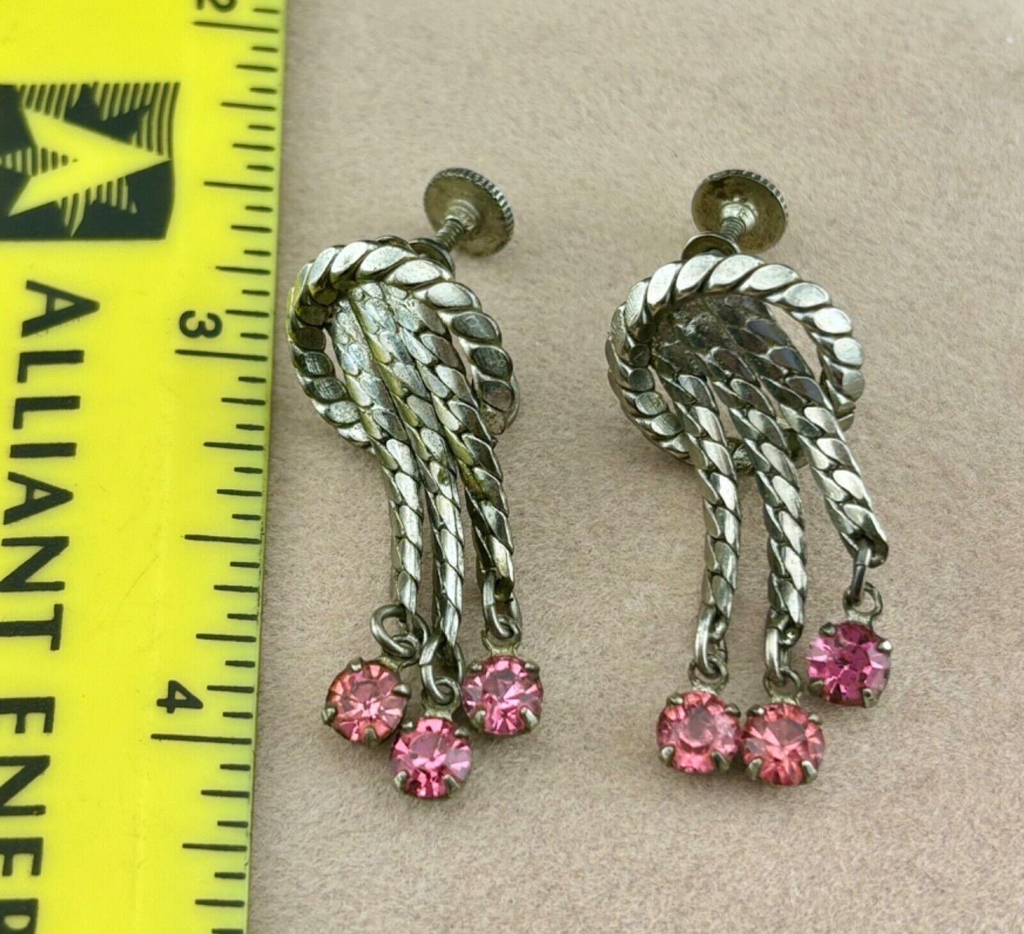 Vintage Pink Rhinestone Dangle Earrings Clip-On