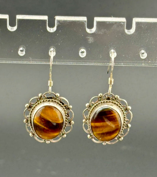 Vintage Sterling Silver Tiger Eye Drop Earrings