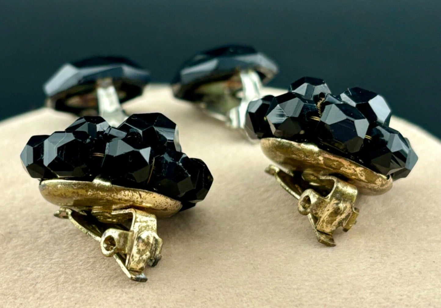 Two Pair Vintage Black Glass Clip-On Earrings NK