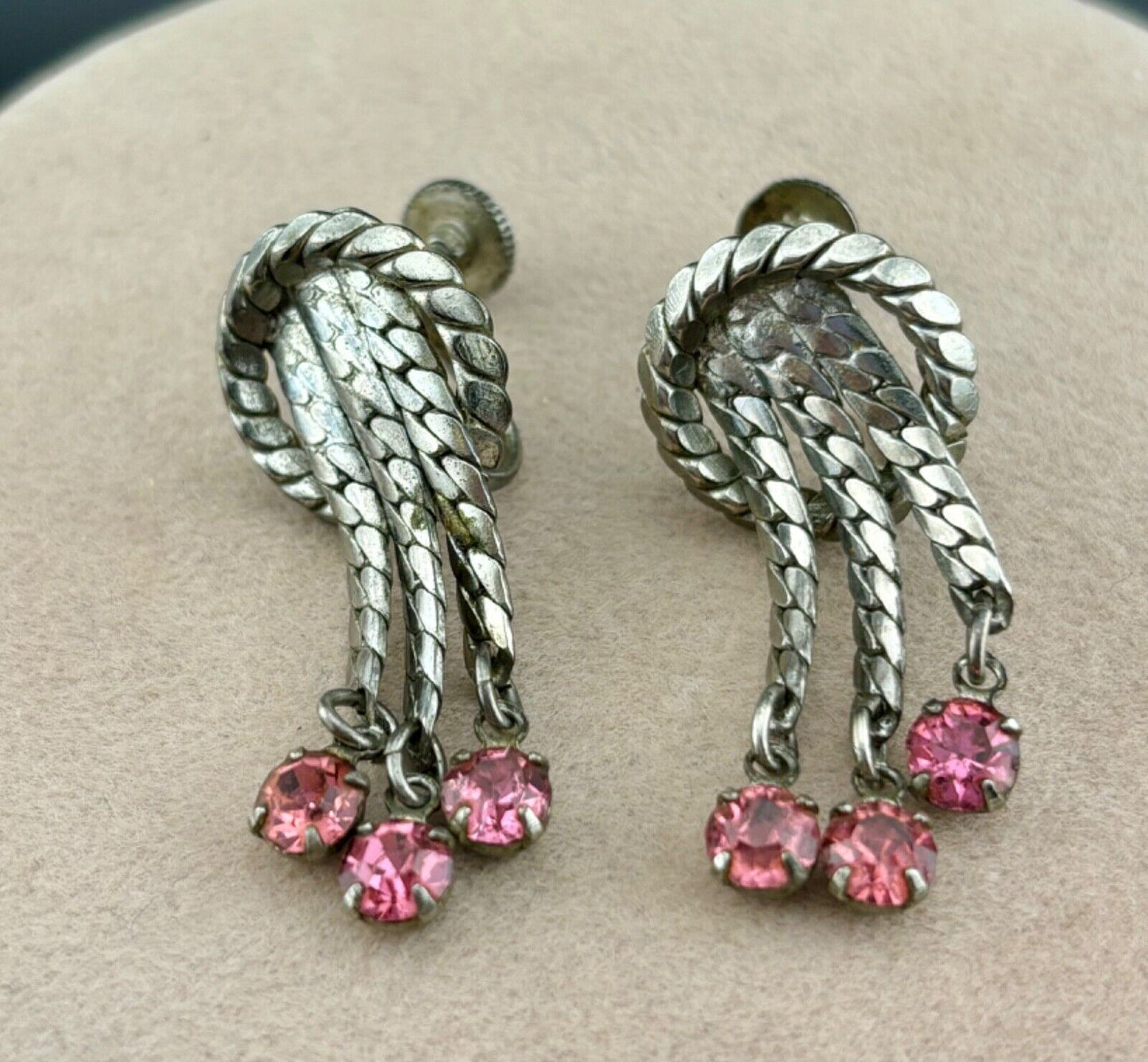 Vintage Pink Rhinestone Dangle Earrings Clip-On