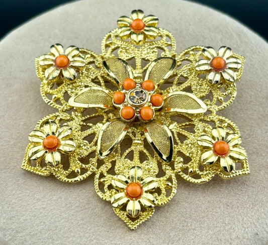 Vintage Gold Tone Orange/Coral Colored Bead Flowers Brooch NK