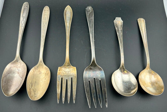 Antique Silver-Plated Art Deco Serving Spoons/Meat Forks Mis-Match(6)