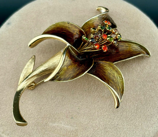 Vintage Gold-Tone Rhinestone and Enamel Lily Brooch