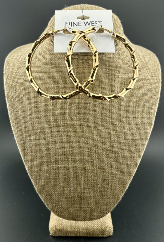 3" Gold-Tone Twisted Metal Nine West Hoop Earrings New