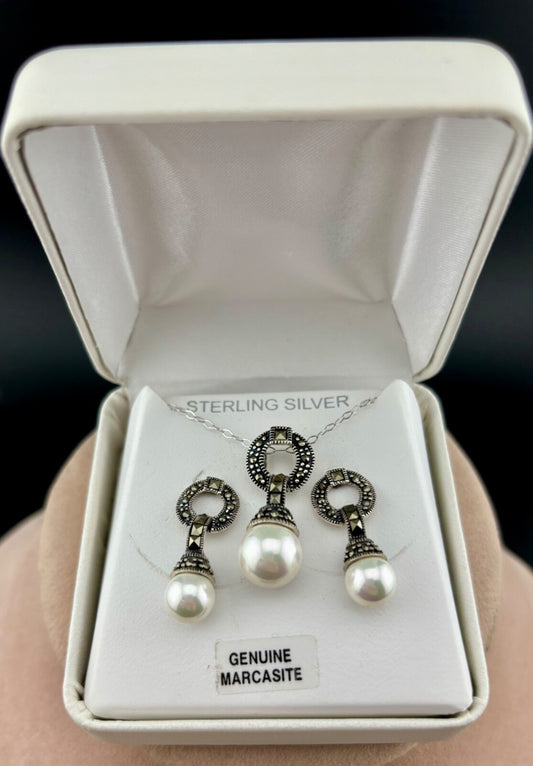 Older NIB Sterling Silver/Marcasite/Faux Pearl Necklace and Earrings Set