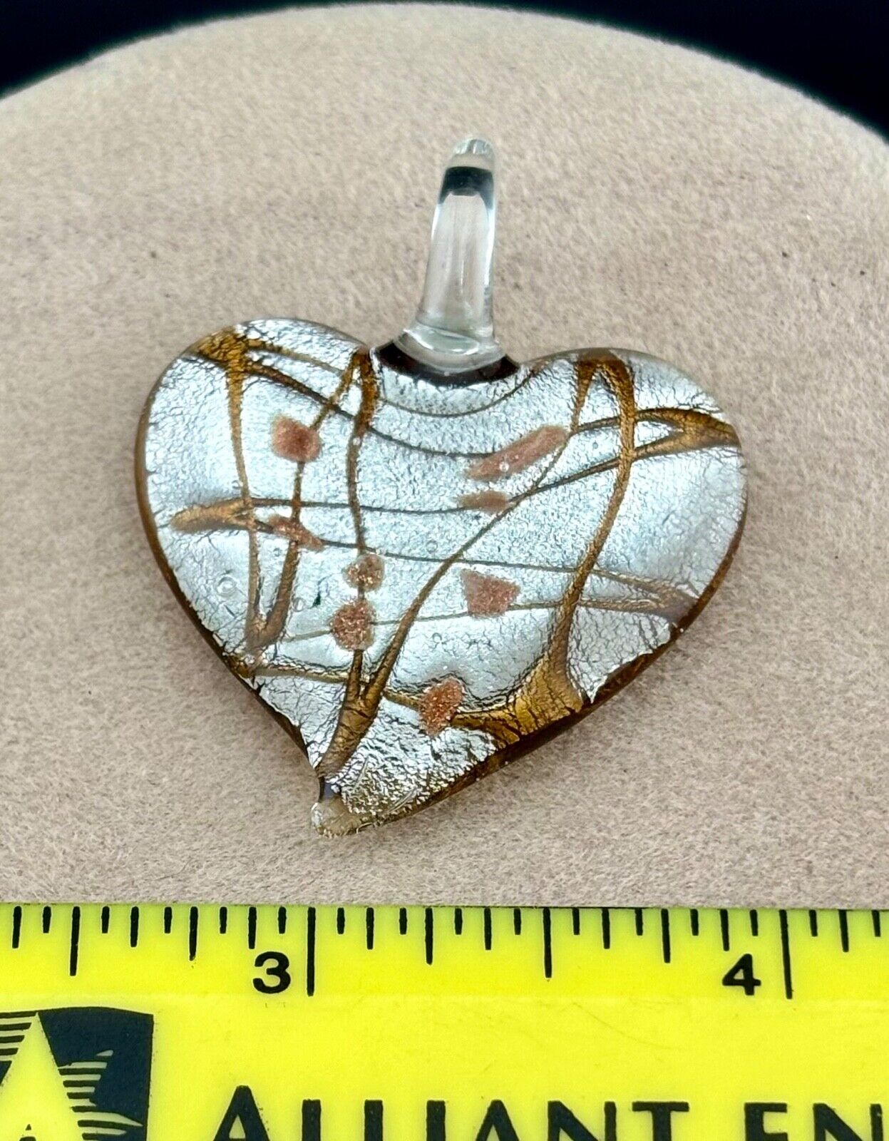 Silver Copper Dichroic Art Glass Heart Pendant 1 1/2 x 1 3/4"