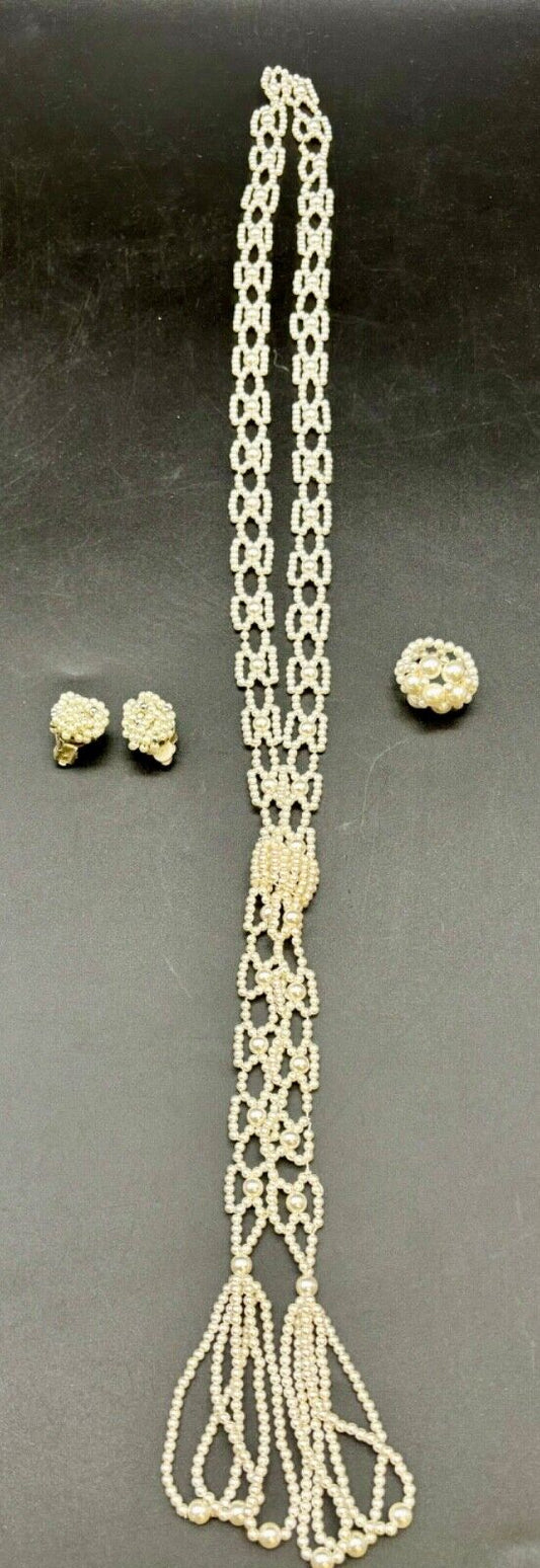 Faux Pearl Lariat Style Necklace with Matching Ring/Earrings NK