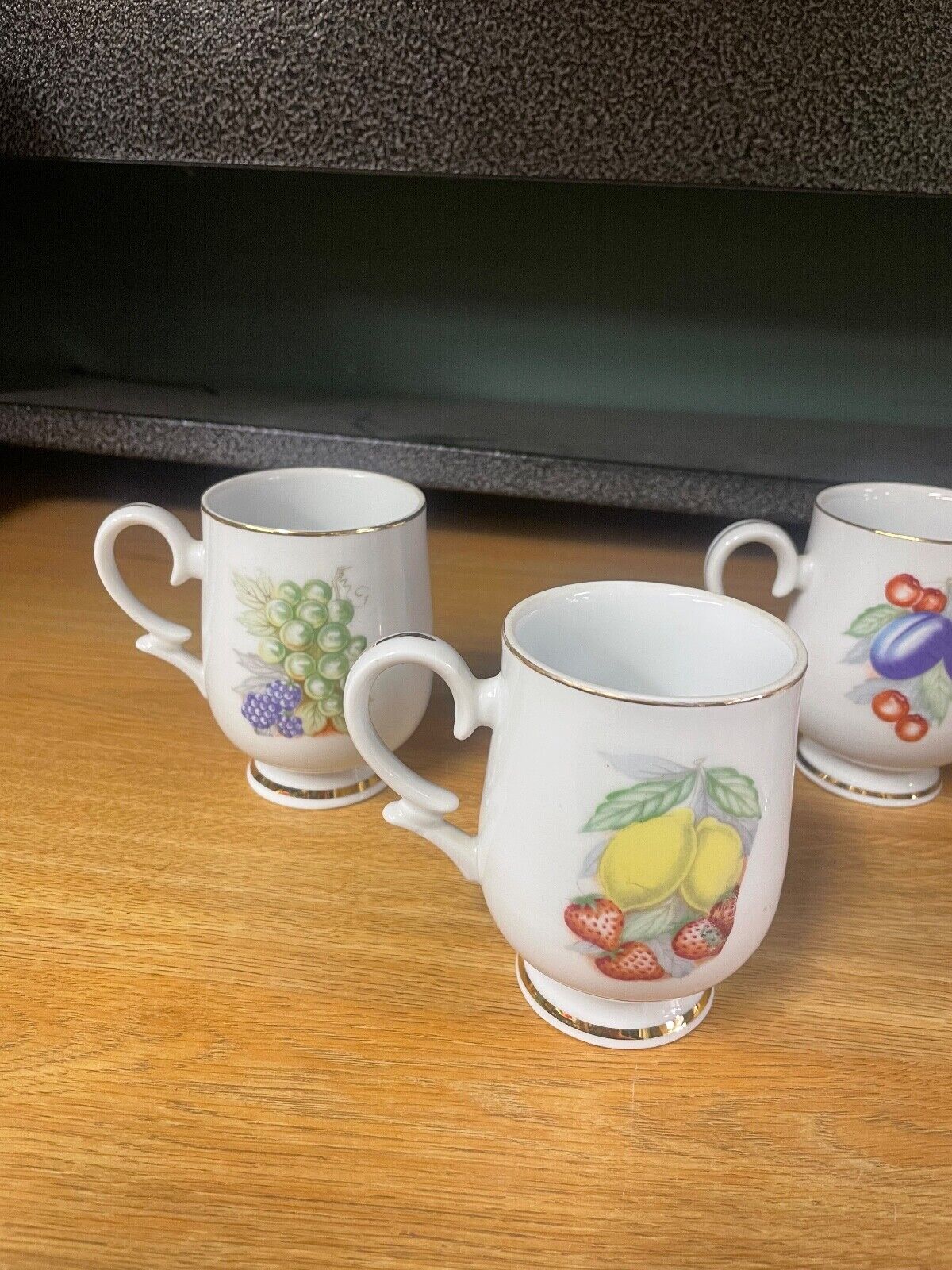 Vintage Porcelain Mugs Royalton China Co. Fruit with Gold Rims Set of Four