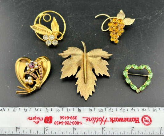 Vintage Gold-Tone and Rhinestone Brooch Lot of 5