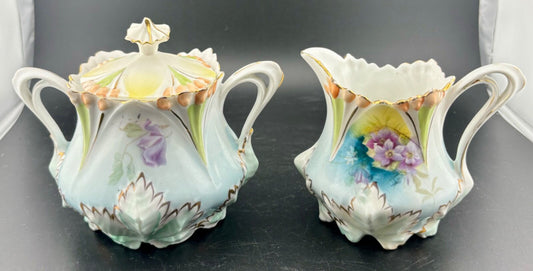 ANTIQUE CREAMER AND SUGAR BOWL PASSION FLOWERS GOLD ACCENTS ORNATE...