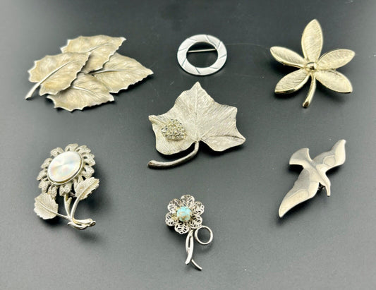 Lot of Seven Vintage Silver-Tone Brooches NK