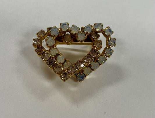 Small Vintage Double Heart Rhinestone Brooch