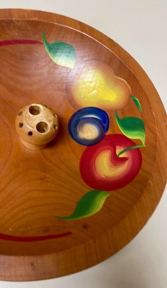 Vintage / Antique Painted Wooden Nut Bowl 3 Ball Legs Fruit Design