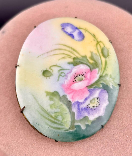 Antique Hand-Painted Porcelain/Brass Brooch Poppies 2.25"