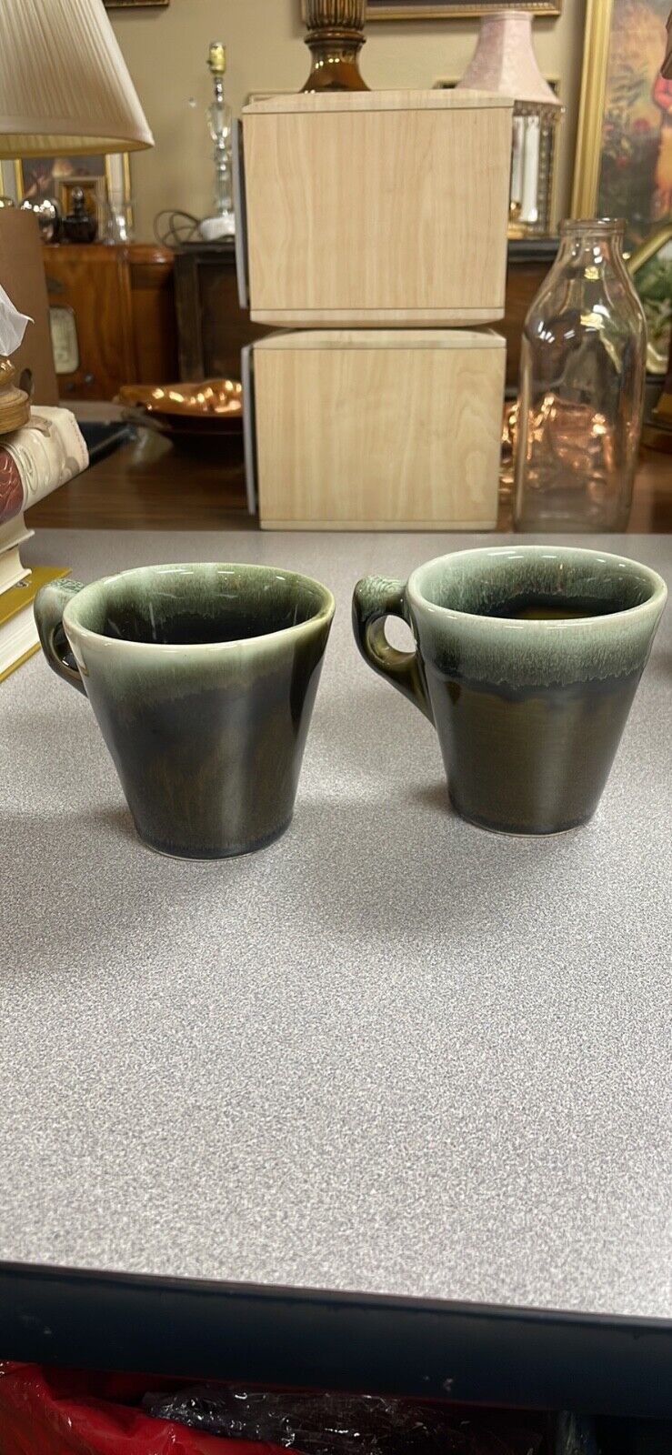 Mid-Century Mugs Pair Green Drip Glaze