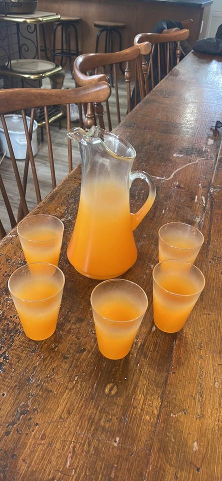 Vintage Glass Juice Pitcher and Five Tumblers